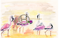 Flamingobande im Morgendunst